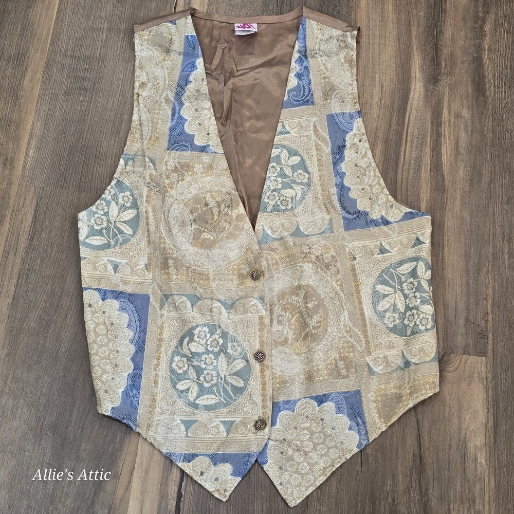 90s Vintage Tapestry Vest Tan Brown Blue Geometric Floral No Boundaries 16 XL*‎